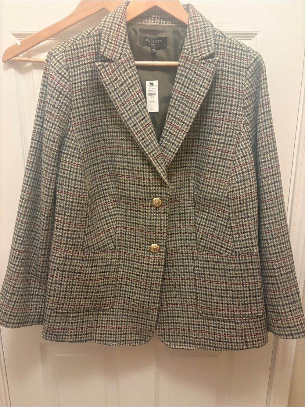 Talbots Green Plaid Blazer with Gold Buttons